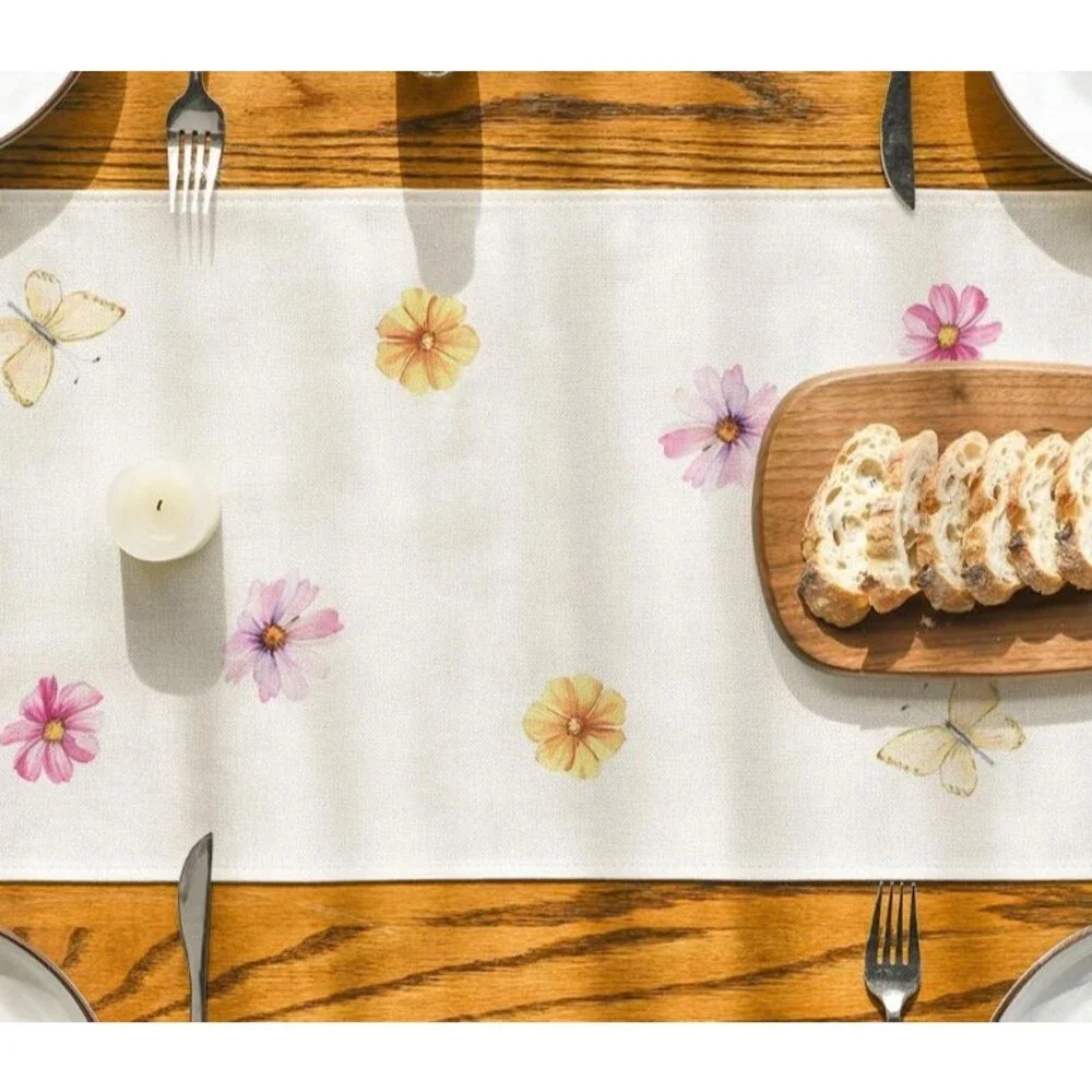 Spring Table Runner 13x72in Woven Polyester Floral Butterflies NEW